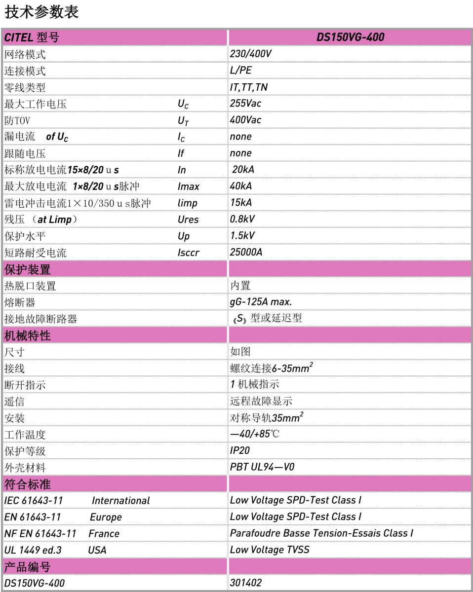 交流防雷器DS150VG-400電源電涌保護(hù)器技術(shù)參數(shù)